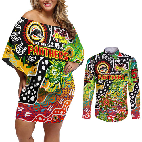 Personalised Panthers NRL Celebrating 50 Years of Naidoc Couples Matching Off Shoulder Short Dress and Long Sleeve Button Shirt NAIDOC Week 2025 Aboriginal