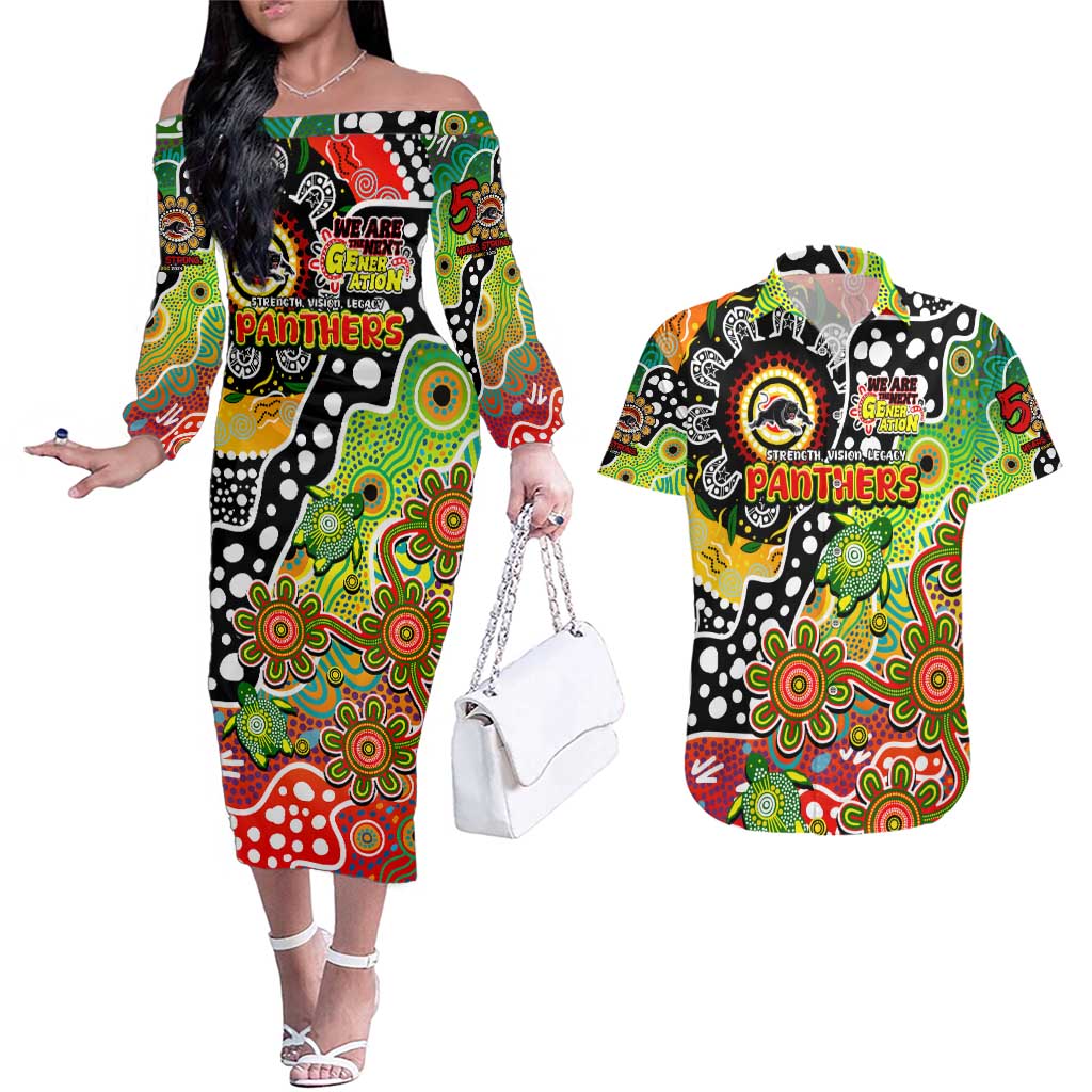 Personalised Panthers NRL Celebrating 50 Years of Naidoc Couples Matching Off The Shoulder Long Sleeve Dress and Hawaiian Shirt NAIDOC Week 2025 Aboriginal