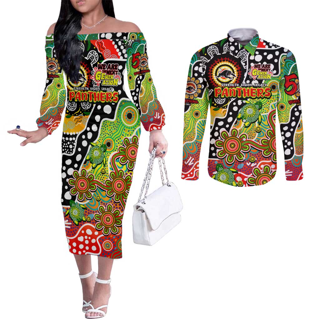 Personalised Panthers NRL Celebrating 50 Years of Naidoc Couples Matching Off The Shoulder Long Sleeve Dress and Long Sleeve Button Shirt NAIDOC Week 2025 Aboriginal