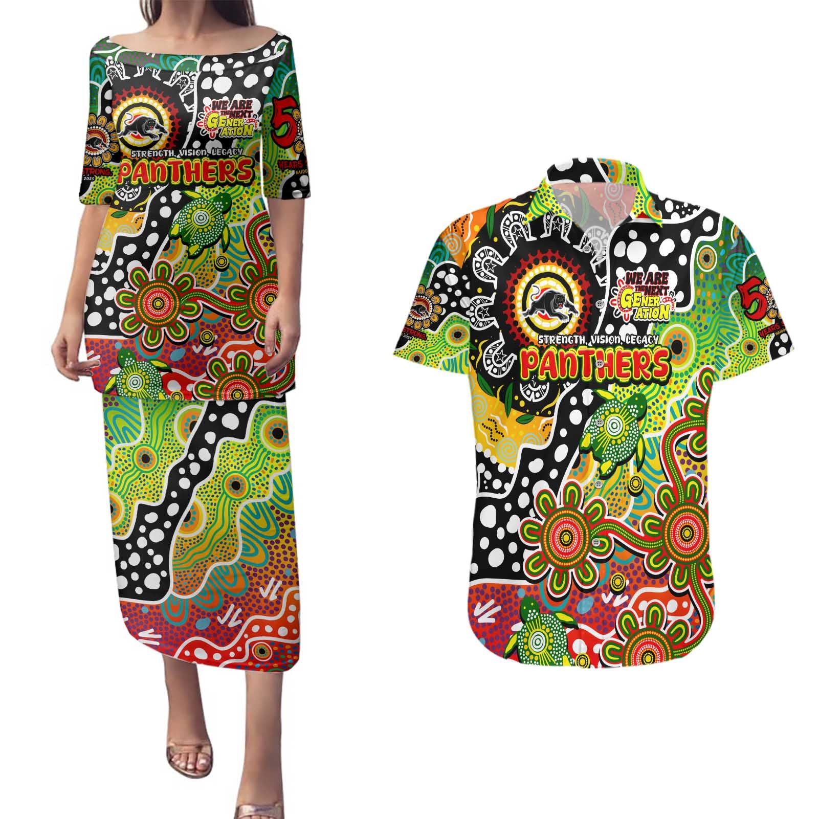 Personalised Panthers NRL Celebrating 50 Years of Naidoc Couples Matching Puletasi and Hawaiian Shirt NAIDOC Week 2025 Aboriginal