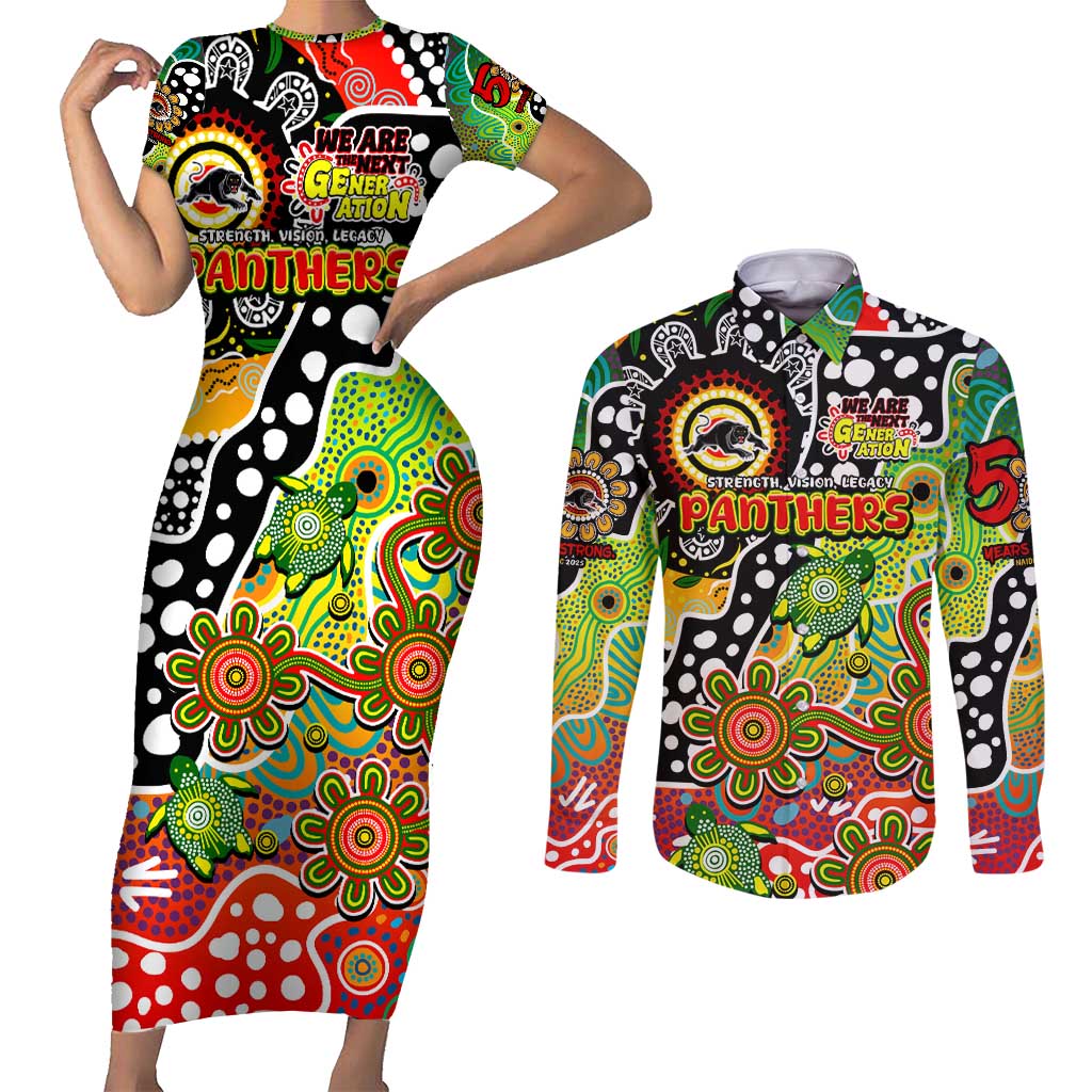 Personalised Panthers NRL Celebrating 50 Years of Naidoc Couples Matching Short Sleeve Bodycon Dress and Long Sleeve Button Shirt NAIDOC Week 2025 Aboriginal