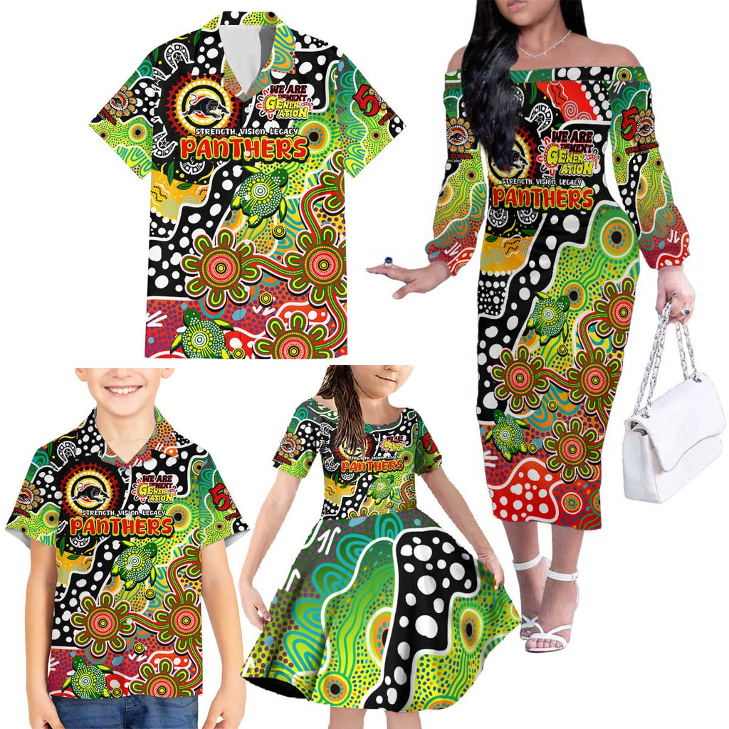 Personalised Panthers NRL Celebrating 50 Years of Naidoc Family Matching Off The Shoulder Long Sleeve Dress and Hawaiian Shirt NAIDOC Week 2025 Aboriginal