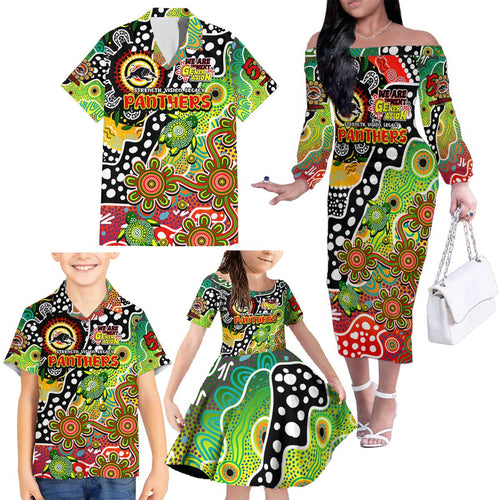 Personalised Panthers NRL Celebrating 50 Years of Naidoc Family Matching Off The Shoulder Long Sleeve Dress and Hawaiian Shirt NAIDOC Week 2025 Aboriginal