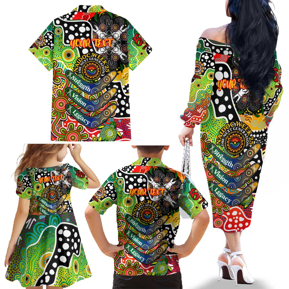 Personalised Panthers NRL Celebrating 50 Years of Naidoc Family Matching Off The Shoulder Long Sleeve Dress and Hawaiian Shirt NAIDOC Week 2025 Aboriginal