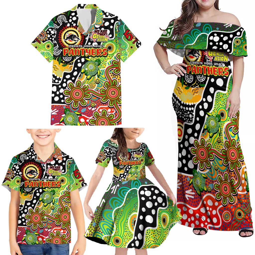 Personalised Panthers NRL Celebrating 50 Years of Naidoc Family Matching Off Shoulder Maxi Dress and Hawaiian Shirt NAIDOC Week 2025 Aboriginal