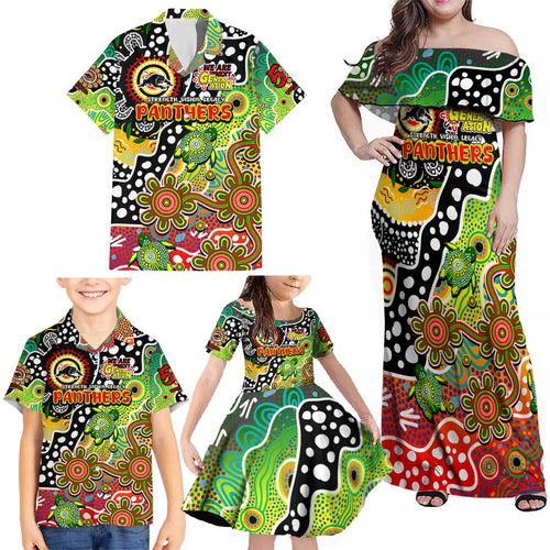 Personalised Panthers NRL Celebrating 50 Years of Naidoc Family Matching Off Shoulder Maxi Dress and Hawaiian Shirt NAIDOC Week 2025 Aboriginal