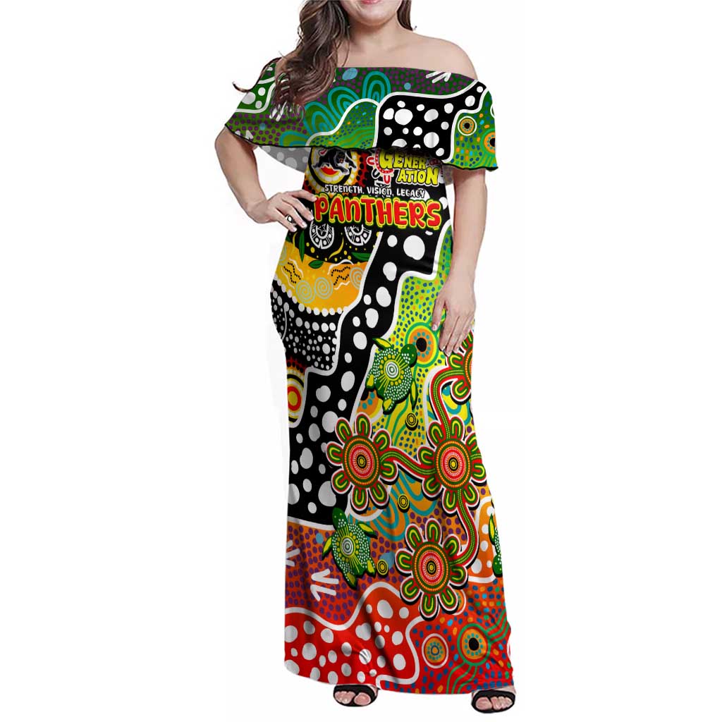 Personalised Panthers NRL Celebrating 50 Years of Naidoc Family Matching Off Shoulder Maxi Dress and Hawaiian Shirt NAIDOC Week 2025 Aboriginal