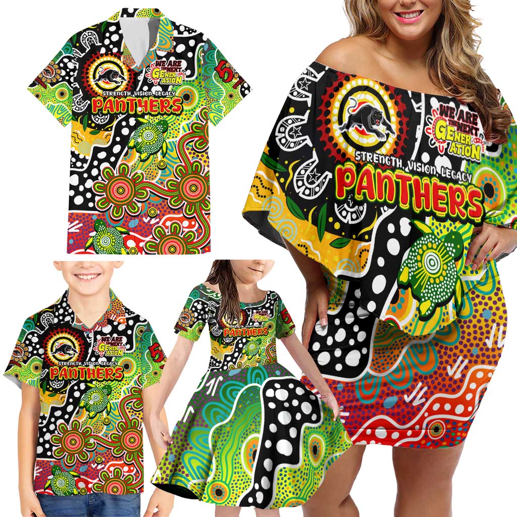 Personalised Panthers NRL Celebrating 50 Years of Naidoc Family Matching Off Shoulder Short Dress and Hawaiian Shirt NAIDOC Week 2025 Aboriginal
