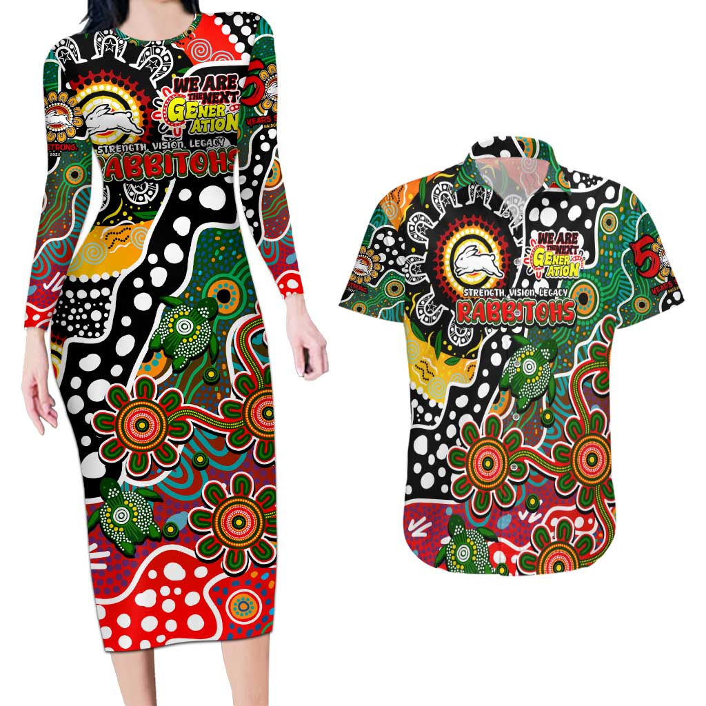 Personalised Rabbitohs NRL Celebrating 50 Years of Naidoc Couples Matching Long Sleeve Bodycon Dress and Hawaiian Shirt NAIDOC Week 2025 Aboriginal