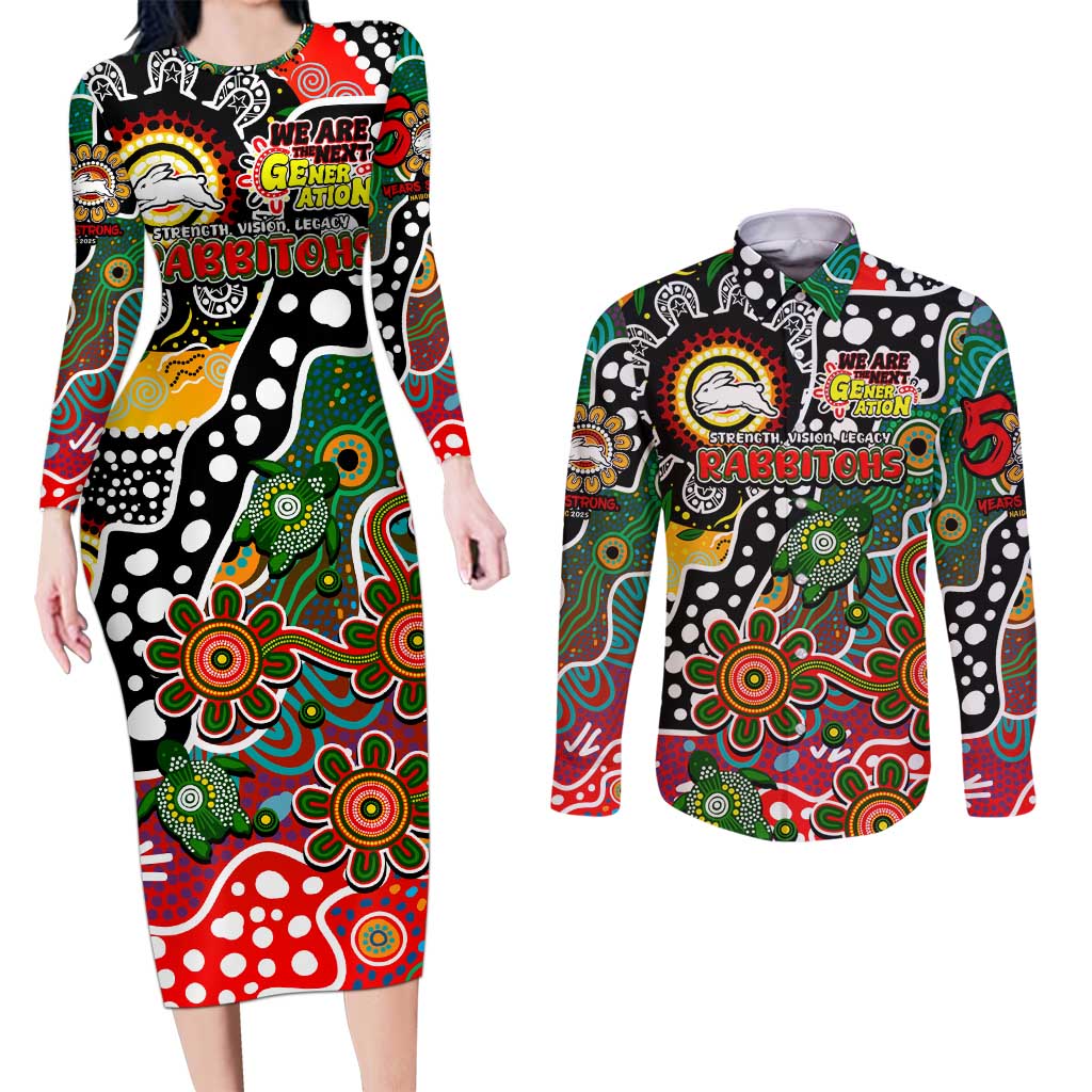 Personalised Rabbitohs NRL Celebrating 50 Years of Naidoc Couples Matching Long Sleeve Bodycon Dress and Long Sleeve Button Shirt NAIDOC Week 2025 Aboriginal