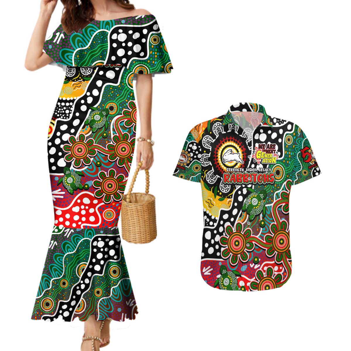 Personalised Rabbitohs NRL Celebrating 50 Years of Naidoc Couples Matching Mermaid Dress and Hawaiian Shirt NAIDOC Week 2025 Aboriginal