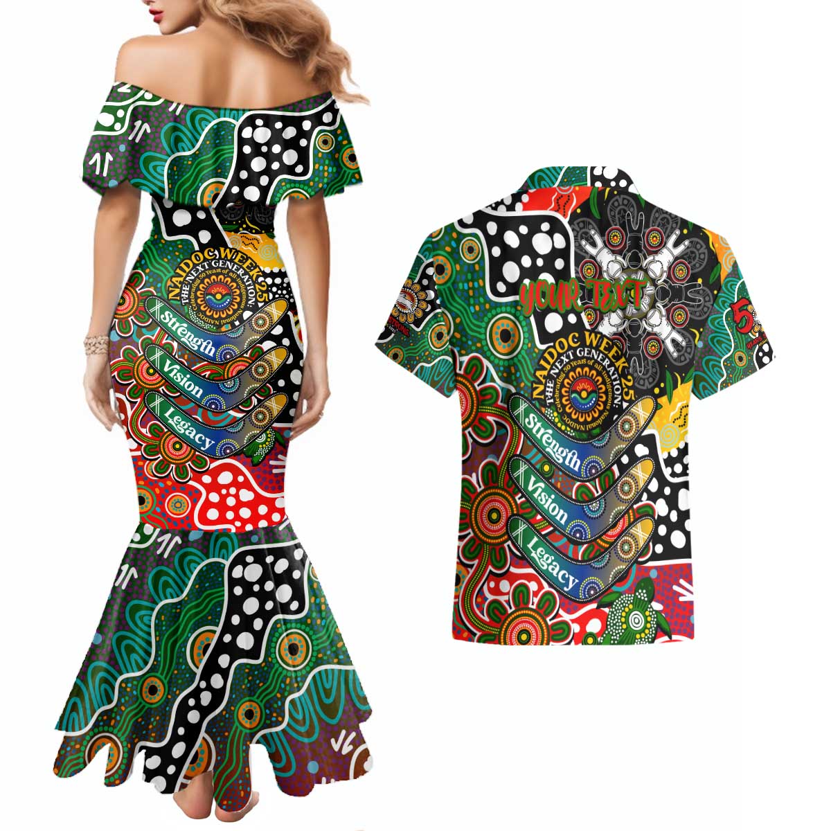 Personalised Rabbitohs NRL Celebrating 50 Years of Naidoc Couples Matching Mermaid Dress and Hawaiian Shirt NAIDOC Week 2025 Aboriginal