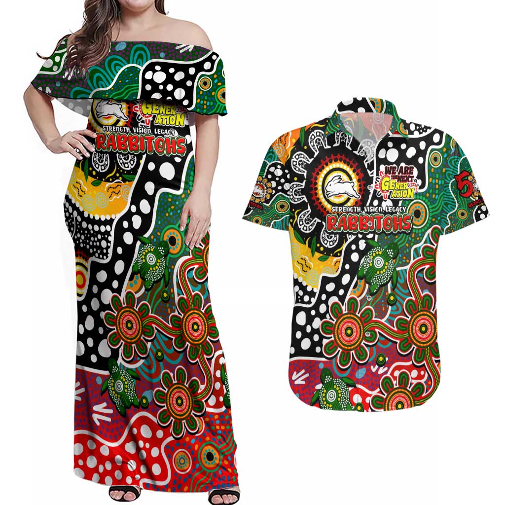 Personalised Rabbitohs NRL Celebrating 50 Years of Naidoc Couples Matching Off Shoulder Maxi Dress and Hawaiian Shirt NAIDOC Week 2025 Aboriginal