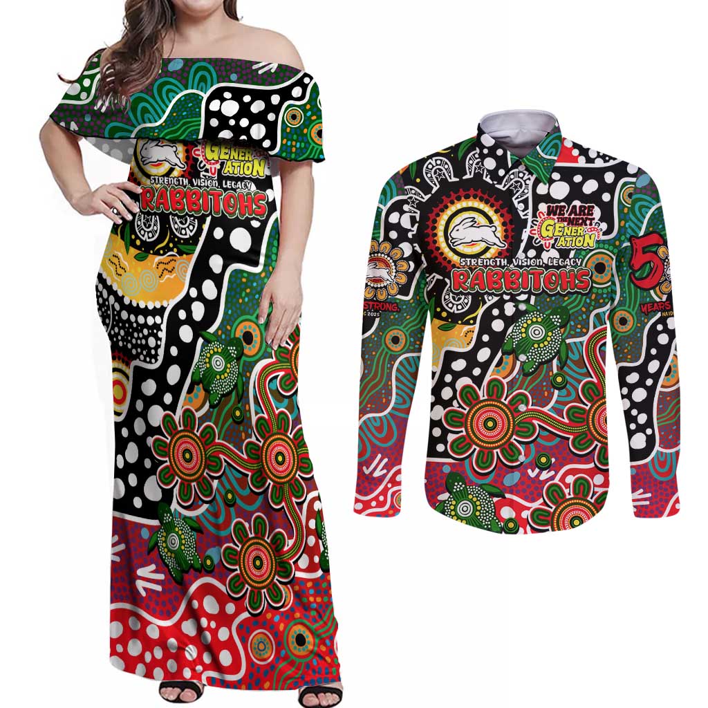 Personalised Rabbitohs NRL Celebrating 50 Years of Naidoc Couples Matching Off Shoulder Maxi Dress and Long Sleeve Button Shirt NAIDOC Week 2025 Aboriginal