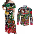 Personalised Rabbitohs NRL Celebrating 50 Years of Naidoc Couples Matching Off Shoulder Maxi Dress and Long Sleeve Button Shirt NAIDOC Week 2025 Aboriginal
