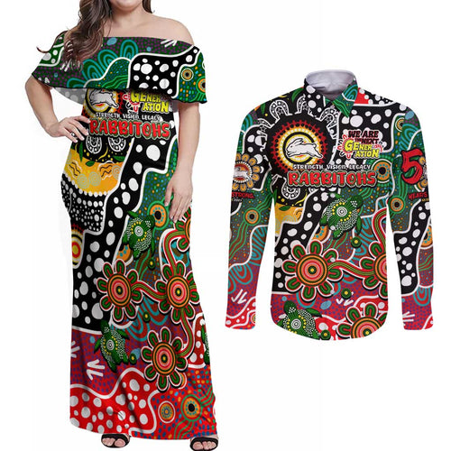 Personalised Rabbitohs NRL Celebrating 50 Years of Naidoc Couples Matching Off Shoulder Maxi Dress and Long Sleeve Button Shirt NAIDOC Week 2025 Aboriginal