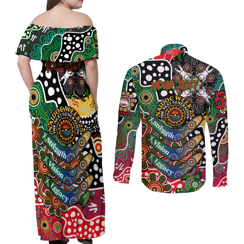 Personalised Rabbitohs NRL Celebrating 50 Years of Naidoc Couples Matching Off Shoulder Maxi Dress and Long Sleeve Button Shirt NAIDOC Week 2025 Aboriginal