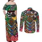 Personalised Rabbitohs NRL Celebrating 50 Years of Naidoc Couples Matching Off Shoulder Maxi Dress and Long Sleeve Button Shirt NAIDOC Week 2025 Aboriginal