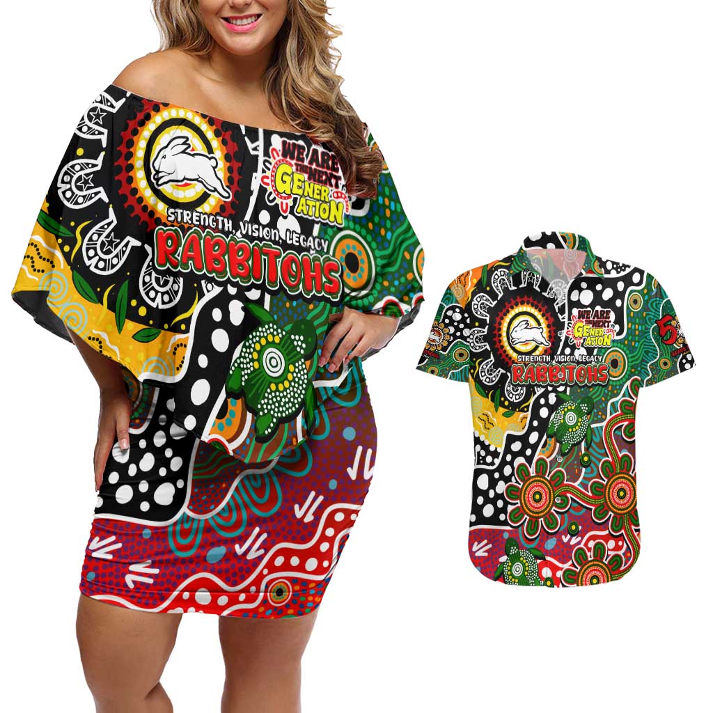 Personalised Rabbitohs NRL Celebrating 50 Years of Naidoc Couples Matching Off Shoulder Short Dress and Hawaiian Shirt NAIDOC Week 2025 Aboriginal