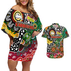 Personalised Rabbitohs NRL Celebrating 50 Years of Naidoc Couples Matching Off Shoulder Short Dress and Hawaiian Shirt NAIDOC Week 2025 Aboriginal