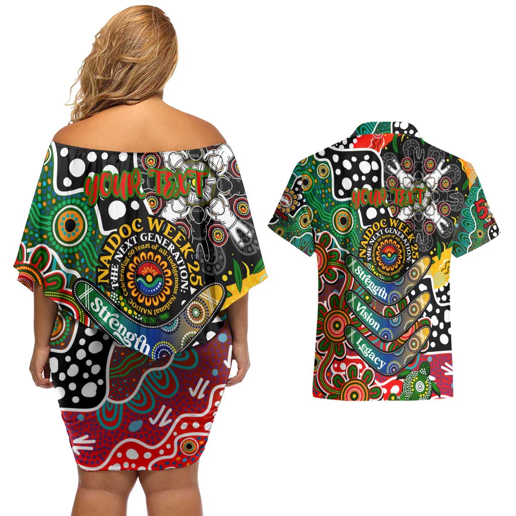 Personalised Rabbitohs NRL Celebrating 50 Years of Naidoc Couples Matching Off Shoulder Short Dress and Hawaiian Shirt NAIDOC Week 2025 Aboriginal