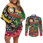 Personalised Rabbitohs NRL Celebrating 50 Years of Naidoc Couples Matching Off Shoulder Short Dress and Long Sleeve Button Shirt NAIDOC Week 2025 Aboriginal