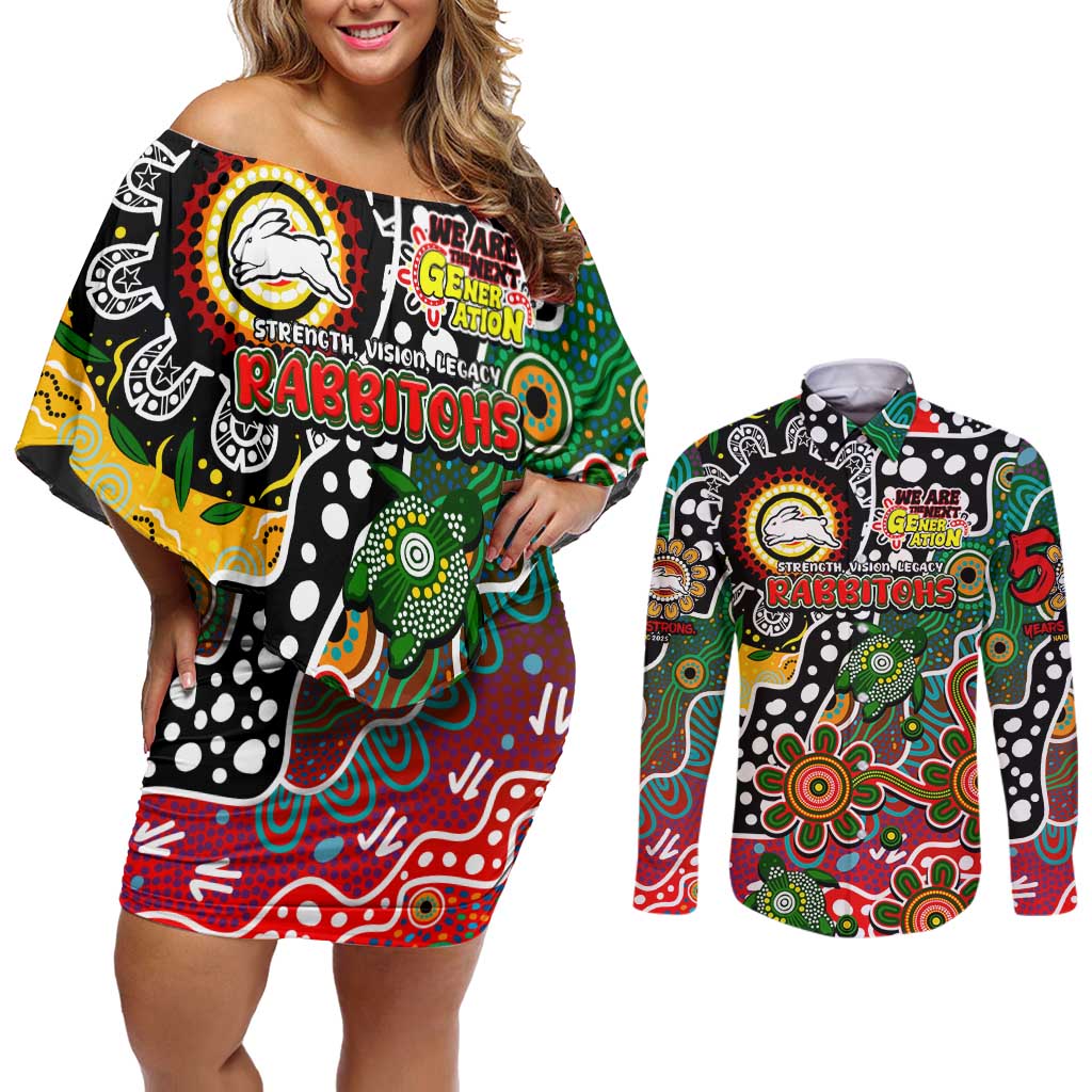 Personalised Rabbitohs NRL Celebrating 50 Years of Naidoc Couples Matching Off Shoulder Short Dress and Long Sleeve Button Shirt NAIDOC Week 2025 Aboriginal