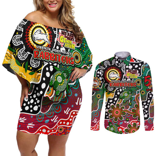 Personalised Rabbitohs NRL Celebrating 50 Years of Naidoc Couples Matching Off Shoulder Short Dress and Long Sleeve Button Shirt NAIDOC Week 2025 Aboriginal