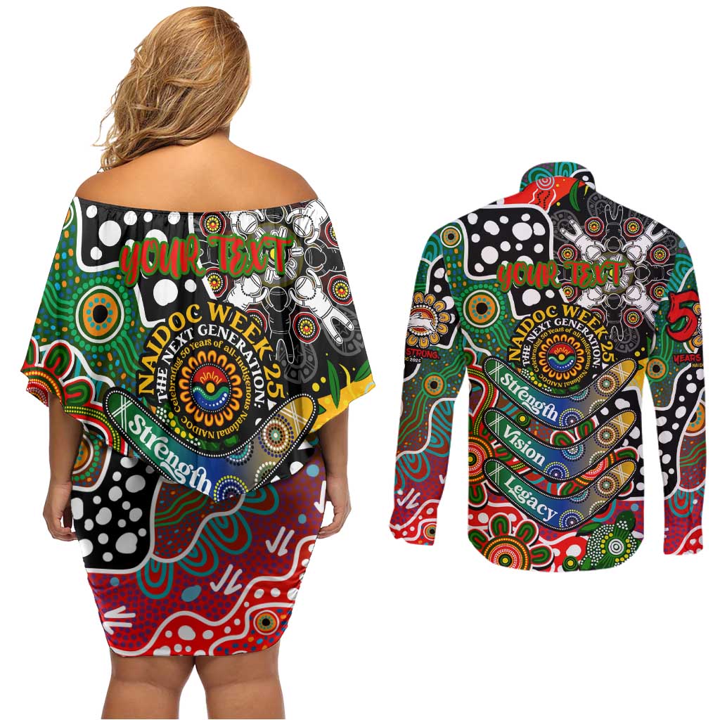 Personalised Rabbitohs NRL Celebrating 50 Years of Naidoc Couples Matching Off Shoulder Short Dress and Long Sleeve Button Shirt NAIDOC Week 2025 Aboriginal