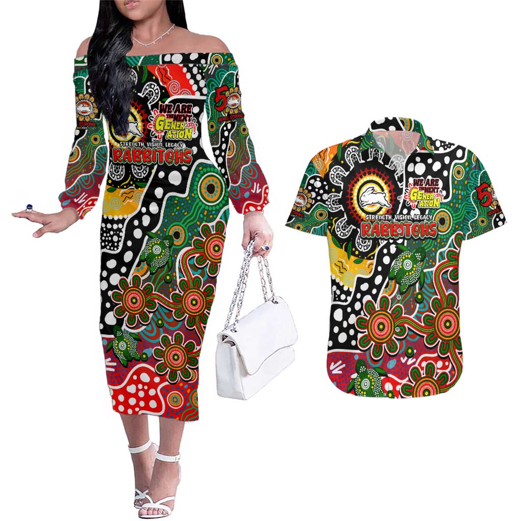 Personalised Rabbitohs NRL Celebrating 50 Years of Naidoc Couples Matching Off The Shoulder Long Sleeve Dress and Hawaiian Shirt NAIDOC Week 2025 Aboriginal