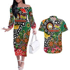 Personalised Rabbitohs NRL Celebrating 50 Years of Naidoc Couples Matching Off The Shoulder Long Sleeve Dress and Hawaiian Shirt NAIDOC Week 2025 Aboriginal