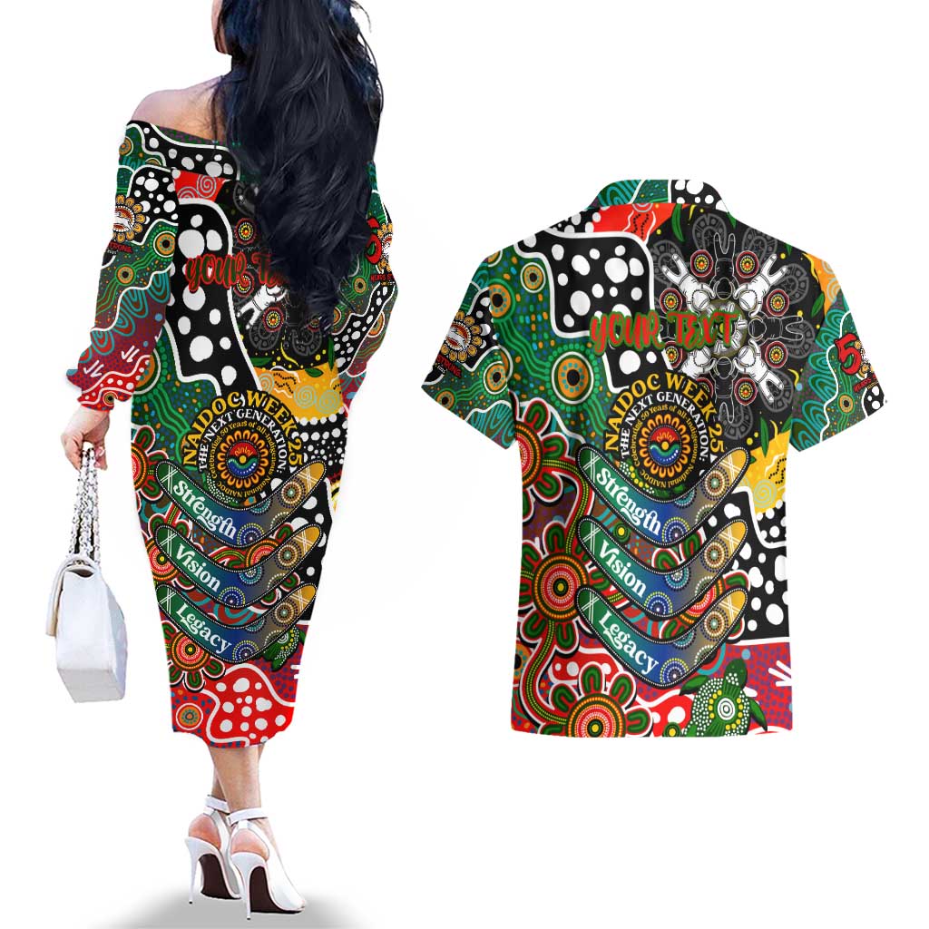 Personalised Rabbitohs NRL Celebrating 50 Years of Naidoc Couples Matching Off The Shoulder Long Sleeve Dress and Hawaiian Shirt NAIDOC Week 2025 Aboriginal