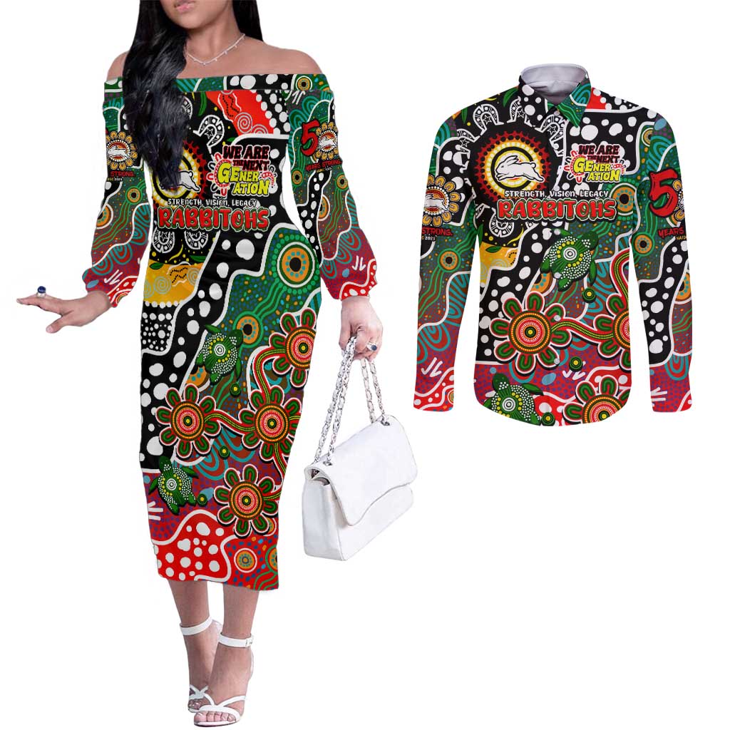 Personalised Rabbitohs NRL Celebrating 50 Years of Naidoc Couples Matching Off The Shoulder Long Sleeve Dress and Long Sleeve Button Shirt NAIDOC Week 2025 Aboriginal