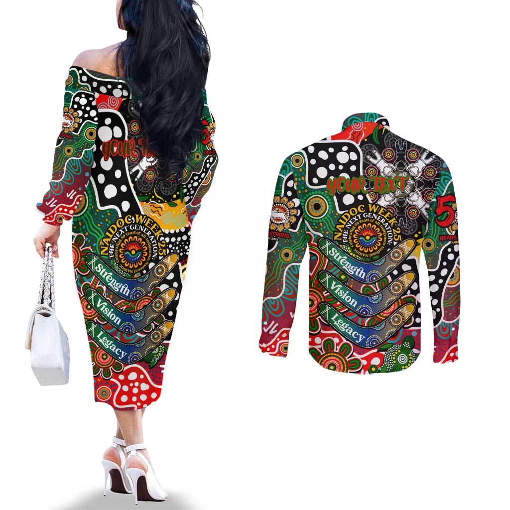 Personalised Rabbitohs NRL Celebrating 50 Years of Naidoc Couples Matching Off The Shoulder Long Sleeve Dress and Long Sleeve Button Shirt NAIDOC Week 2025 Aboriginal