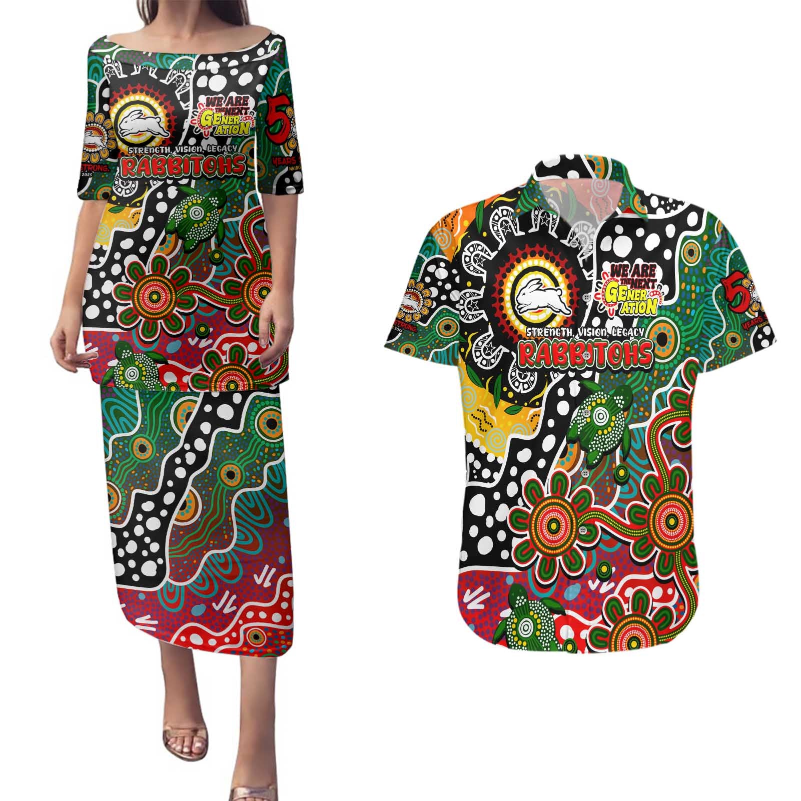 Personalised Rabbitohs NRL Celebrating 50 Years of Naidoc Couples Matching Puletasi and Hawaiian Shirt NAIDOC Week 2025 Aboriginal