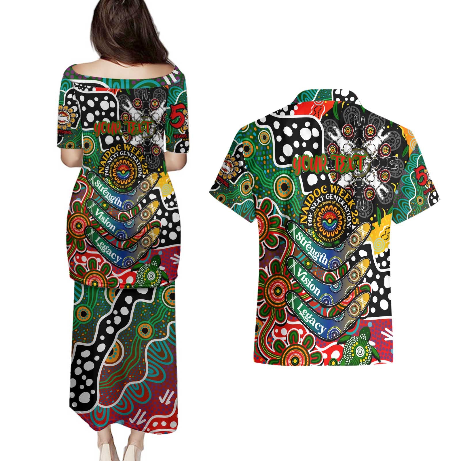 Personalised Rabbitohs NRL Celebrating 50 Years of Naidoc Couples Matching Puletasi and Hawaiian Shirt NAIDOC Week 2025 Aboriginal