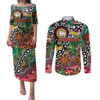 Personalised Rabbitohs NRL Celebrating 50 Years of Naidoc Couples Matching Puletasi and Long Sleeve Button Shirt NAIDOC Week 2025 Aboriginal