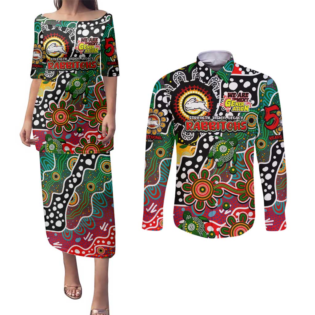 Personalised Rabbitohs NRL Celebrating 50 Years of Naidoc Couples Matching Puletasi and Long Sleeve Button Shirt NAIDOC Week 2025 Aboriginal