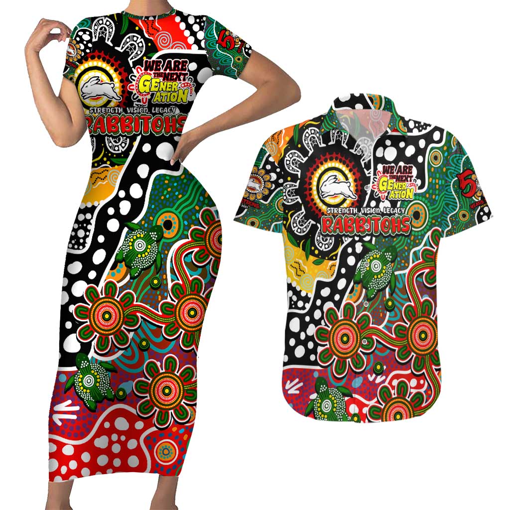 Personalised Rabbitohs NRL Celebrating 50 Years of Naidoc Couples Matching Short Sleeve Bodycon Dress and Hawaiian Shirt NAIDOC Week 2025 Aboriginal