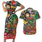 Personalised Rabbitohs NRL Celebrating 50 Years of Naidoc Couples Matching Short Sleeve Bodycon Dress and Hawaiian Shirt NAIDOC Week 2025 Aboriginal