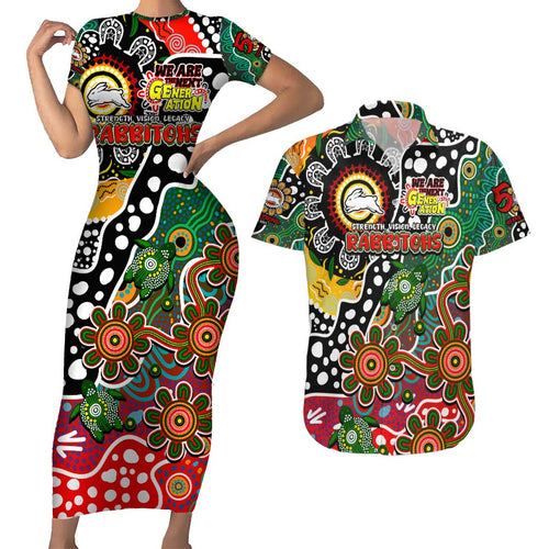 Personalised Rabbitohs NRL Celebrating 50 Years of Naidoc Couples Matching Short Sleeve Bodycon Dress and Hawaiian Shirt NAIDOC Week 2025 Aboriginal