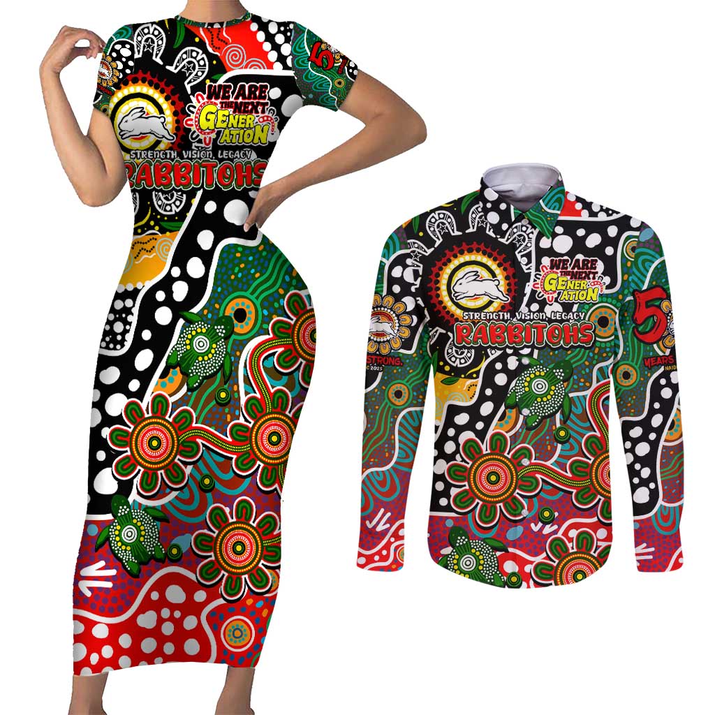 Personalised Rabbitohs NRL Celebrating 50 Years of Naidoc Couples Matching Short Sleeve Bodycon Dress and Long Sleeve Button Shirt NAIDOC Week 2025 Aboriginal