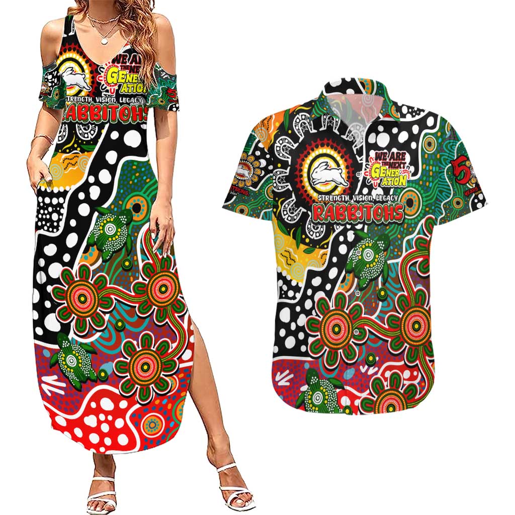 Personalised Rabbitohs NRL Celebrating 50 Years of Naidoc Couples Matching Summer Maxi Dress and Hawaiian Shirt NAIDOC Week 2025 Aboriginal