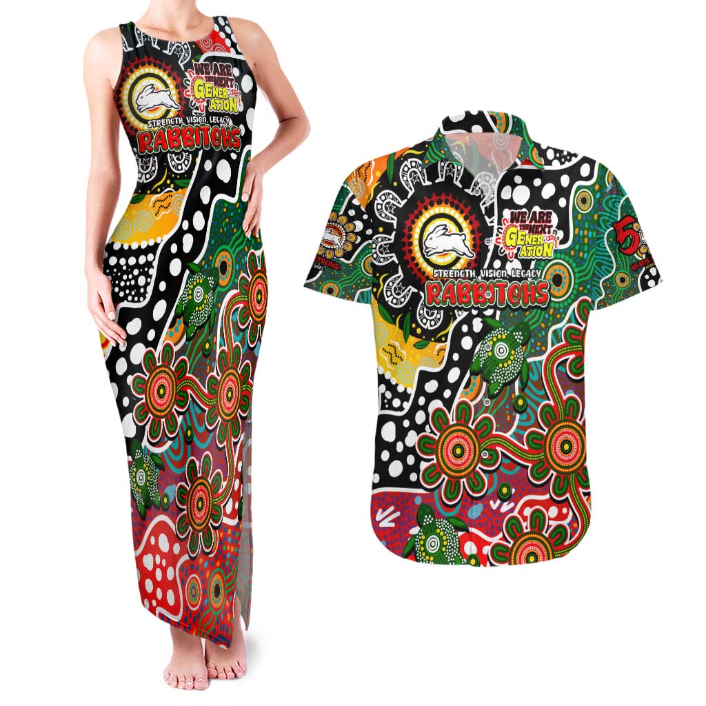 Personalised Rabbitohs NRL Celebrating 50 Years of Naidoc Couples Matching Tank Maxi Dress and Hawaiian Shirt NAIDOC Week 2025 Aboriginal