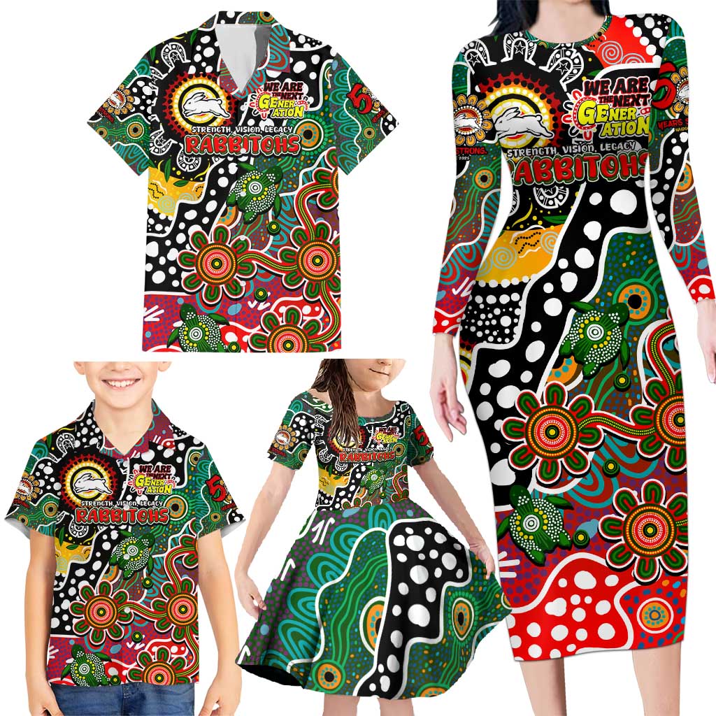 Personalised Rabbitohs NRL Celebrating 50 Years of Naidoc Family Matching Long Sleeve Bodycon Dress and Hawaiian Shirt NAIDOC Week 2025 Aboriginal