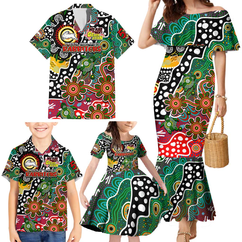 Personalised Rabbitohs NRL Celebrating 50 Years of Naidoc Family Matching Mermaid Dress and Hawaiian Shirt NAIDOC Week 2025 Aboriginal