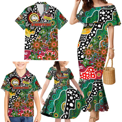 Personalised Rabbitohs NRL Celebrating 50 Years of Naidoc Family Matching Mermaid Dress and Hawaiian Shirt NAIDOC Week 2025 Aboriginal