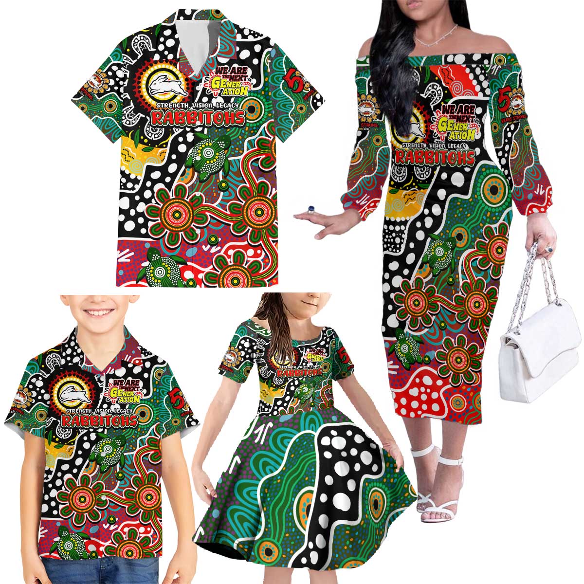 Personalised Rabbitohs NRL Celebrating 50 Years of Naidoc Family Matching Off The Shoulder Long Sleeve Dress and Hawaiian Shirt NAIDOC Week 2025 Aboriginal