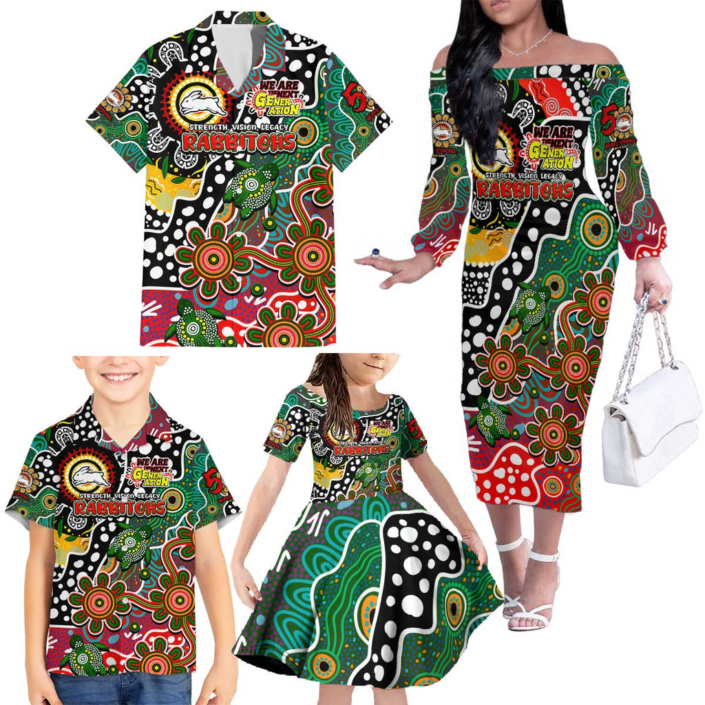 Personalised Rabbitohs NRL Celebrating 50 Years of Naidoc Family Matching Off The Shoulder Long Sleeve Dress and Hawaiian Shirt NAIDOC Week 2025 Aboriginal