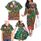 Personalised Rabbitohs NRL Celebrating 50 Years of Naidoc Family Matching Off The Shoulder Long Sleeve Dress and Hawaiian Shirt NAIDOC Week 2025 Aboriginal